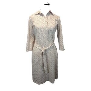 J. McLaughlin Geometric Print Belted Shirt Dress 3/4 Sleeve Size Small Tan/White